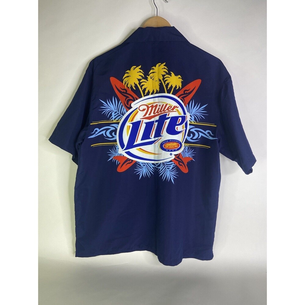 Miller Lite Mens Size L Hawaiian Surf Camp Shirt Short Sleeve Blue Button Down